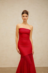 Josiane red offshoulder sheer tulle maxi dress