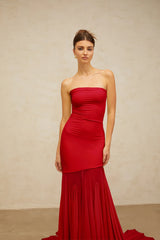 Josiane red offshoulder sheer tulle maxi dress