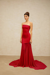 Josiane red offshoulder sheer tulle maxi dress