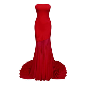 Josiane red offshoulder sheer tulle maxi dress