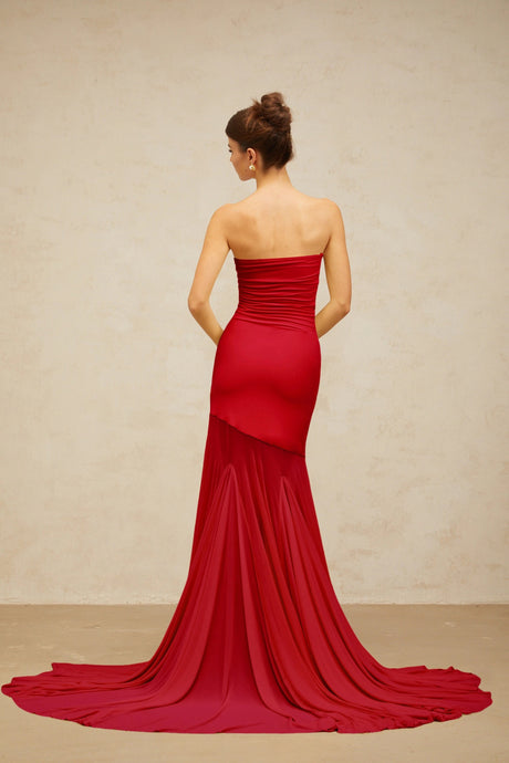Josiane red offshoulder sheer tulle maxi dress