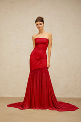 Josiane red offshoulder sheer tulle maxi dress