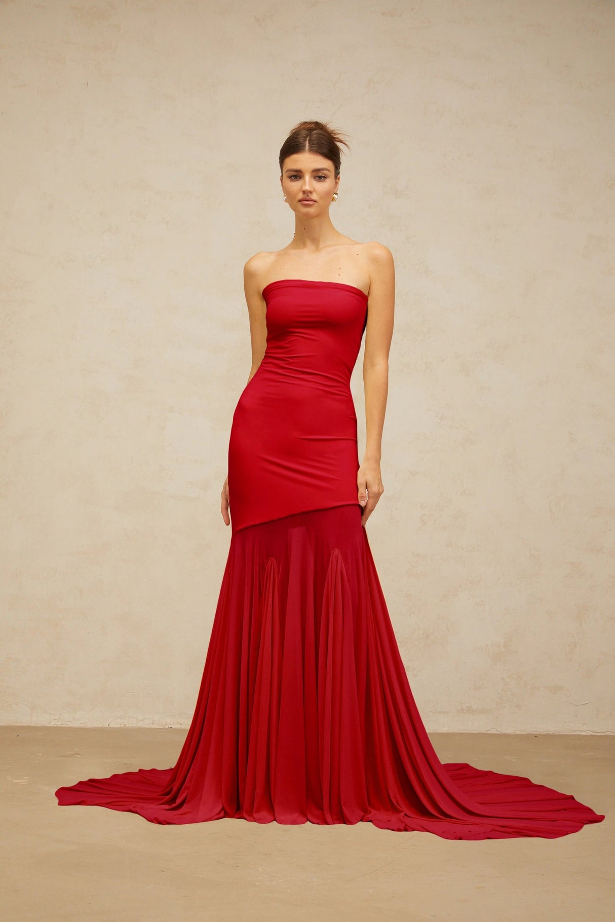 Josiane red offshoulder sheer tulle maxi dress