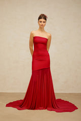 Josiane red offshoulder sheer tulle maxi dress
