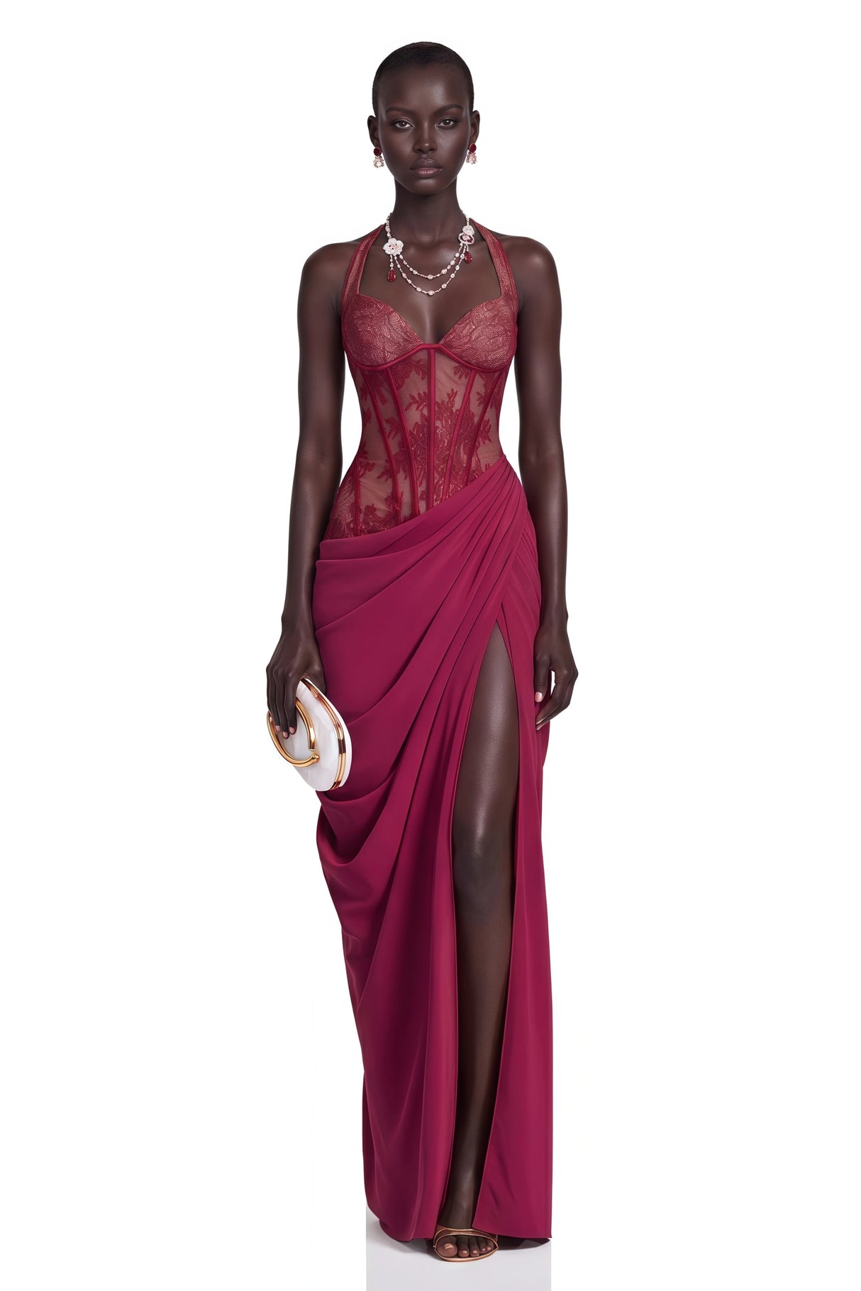 Jovianna Red Halterneck Maxi Dress with Lace Panels