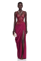 Jovianna Red Halterneck Maxi Dress with Lace Panels