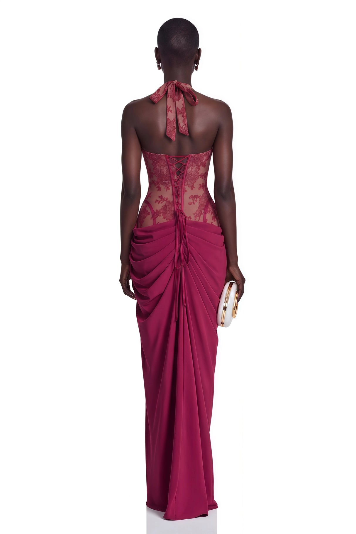 Jovianna Red Halterneck Maxi Dress with Lace Panels