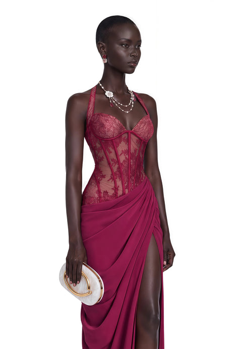 Jovianna Red Halterneck Maxi Dress with Lace Panels
