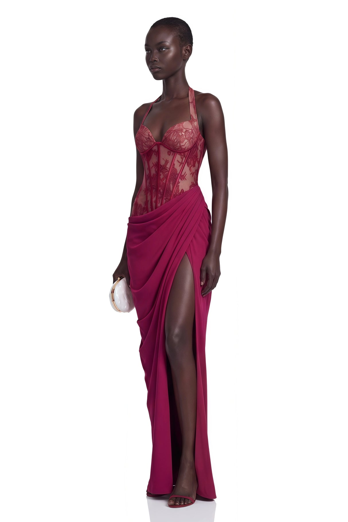 Jovianna Red Halterneck Maxi Dress with Lace Panels