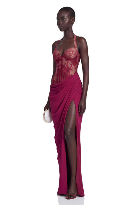 Jovianna Red Halterneck Maxi Dress with Lace Panels