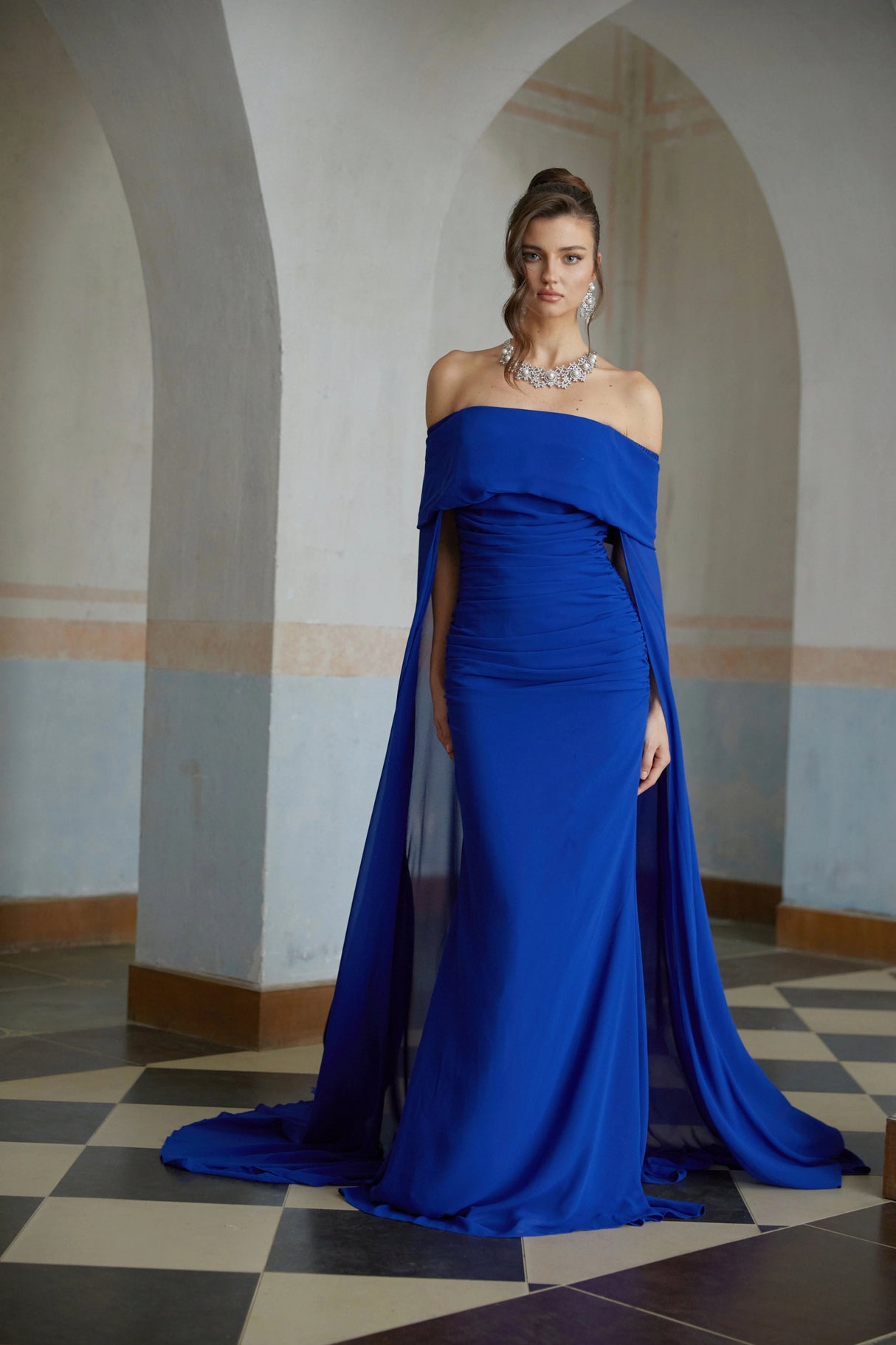 Jovie Blue Cape Design Ruched Maxi Gown