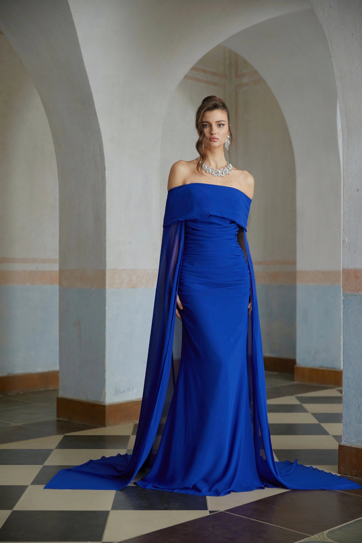 Jovie Blue Cape Design Ruched Maxi Gown