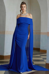 Jovie Blue Cape Design Ruched Maxi Gown
