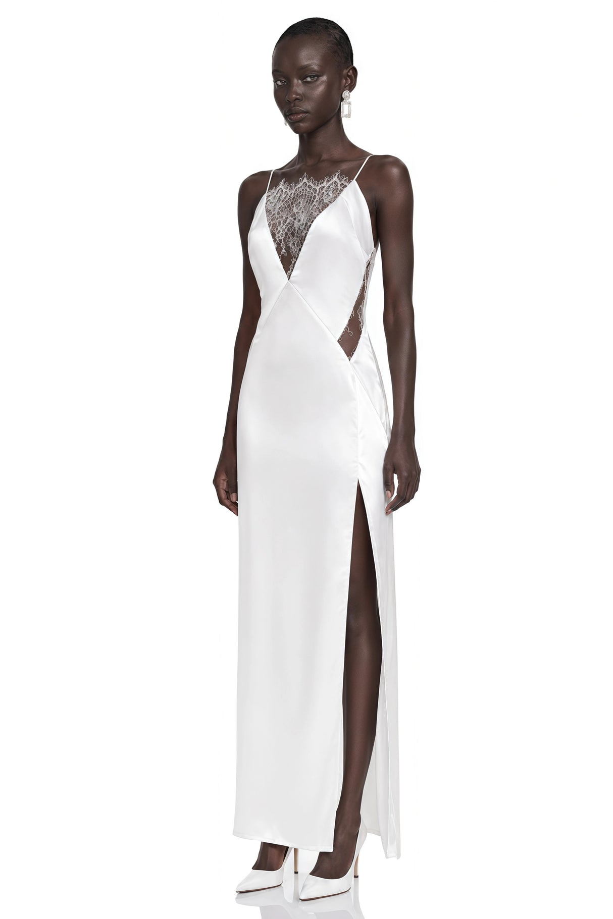Jovie White Maxi Dress with Lace Panels and Slit