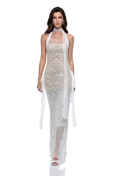 Jovienne White Sequin Embellished Maxi Dress