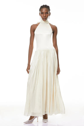 Jovita White Halterneck Pleated Maxi Dress