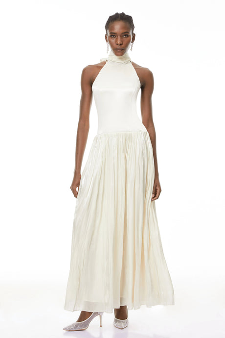 Jovita White Halterneck Pleated Maxi Dress