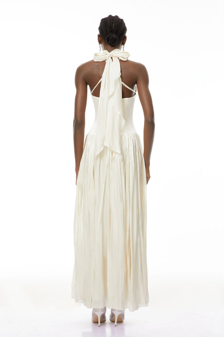 Jovita White Halterneck Pleated Maxi Dress