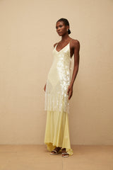 Joyau Yellow Sequin Mesh Maxi Dress