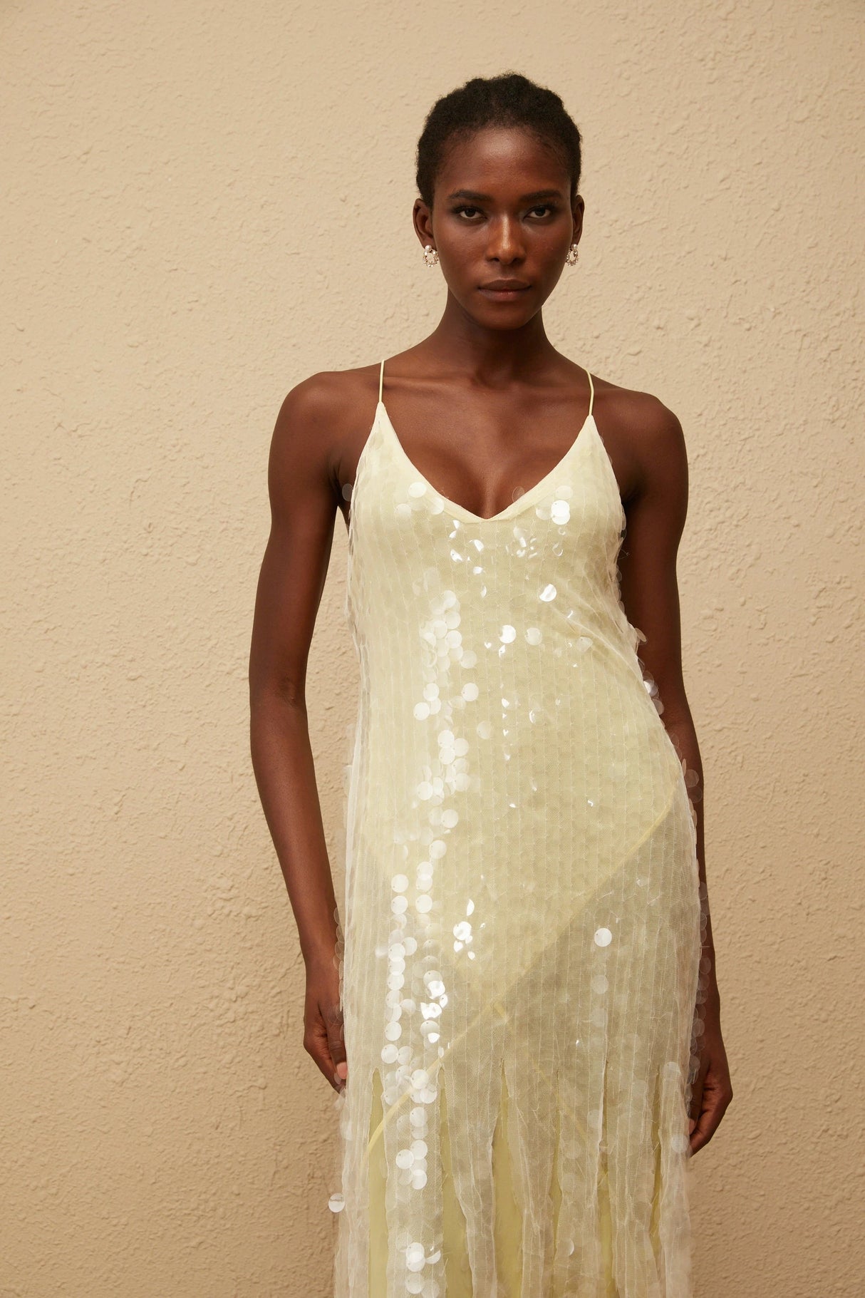 Joyau Yellow Sequin Mesh Maxi Dress