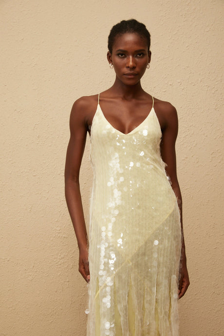 Joyau Yellow Sequin Mesh Maxi Dress