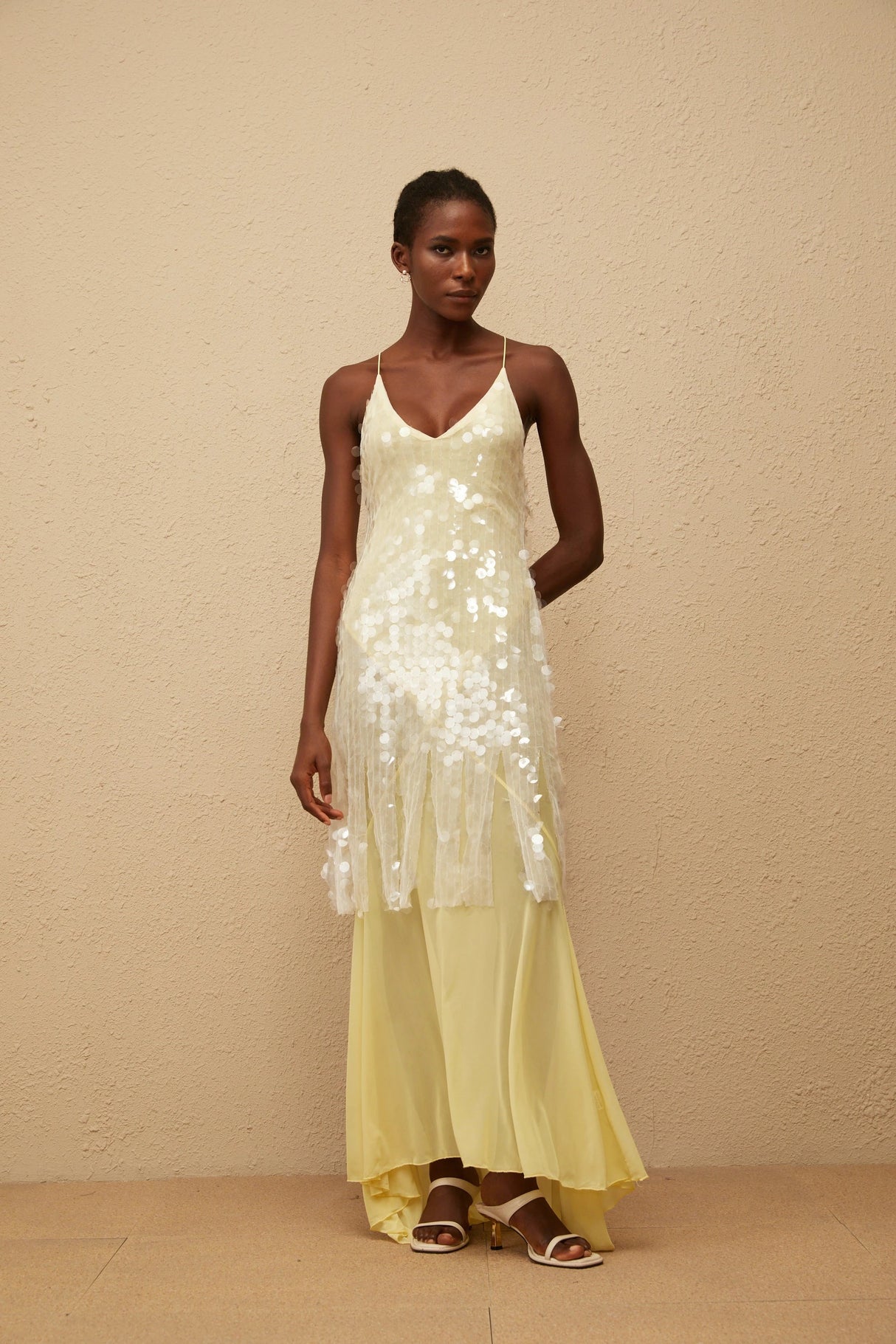 Joyau Yellow Sequin Mesh Maxi Dress