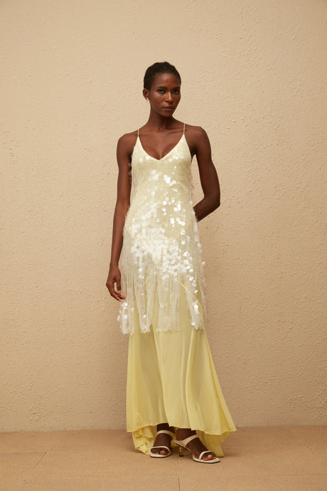 Joyau Yellow Sequin Mesh Maxi Dress