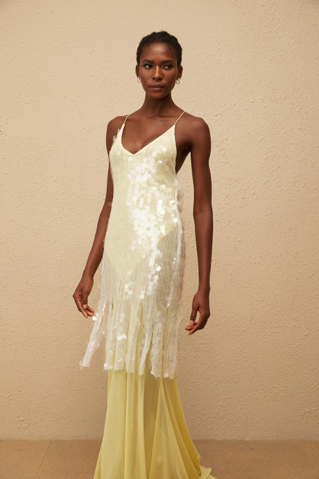 Joyau Yellow Sequin Mesh Maxi Dress