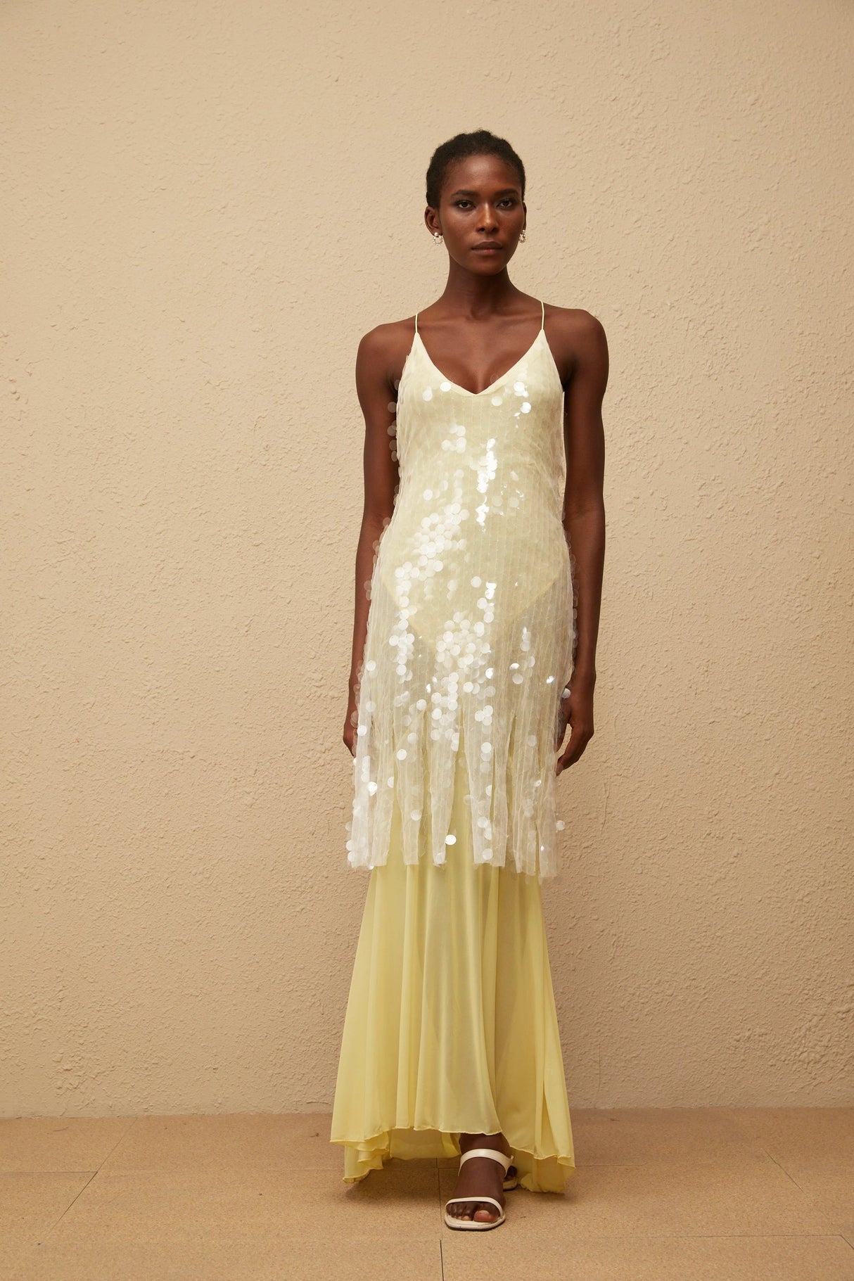 Joyau Yellow Sequin Mesh Maxi Dress