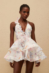 Julia Pink Asymmetrical Floral Tulle Mini Dress
