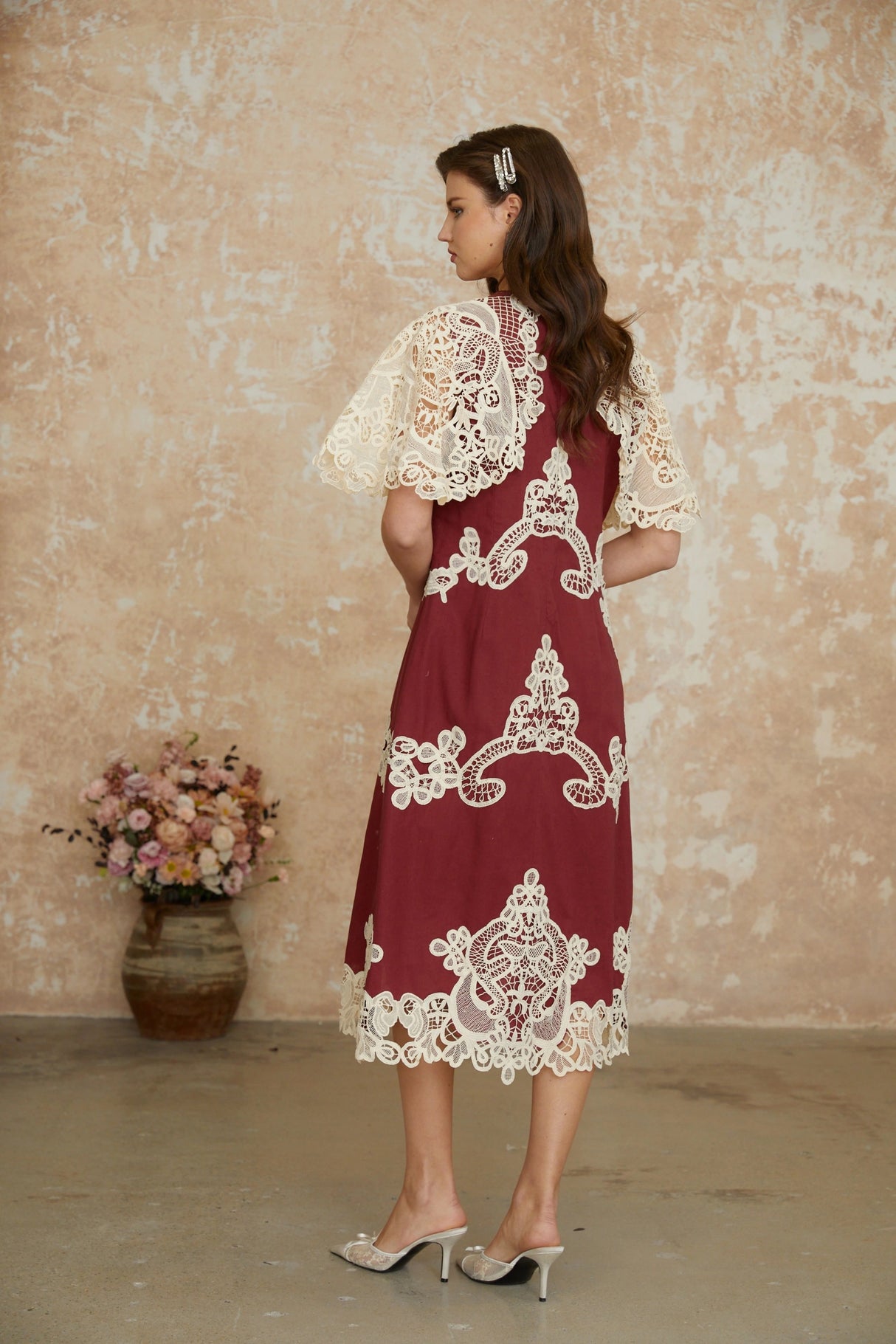 Julia Red Color Block Floral Embroidered Midi Dress
