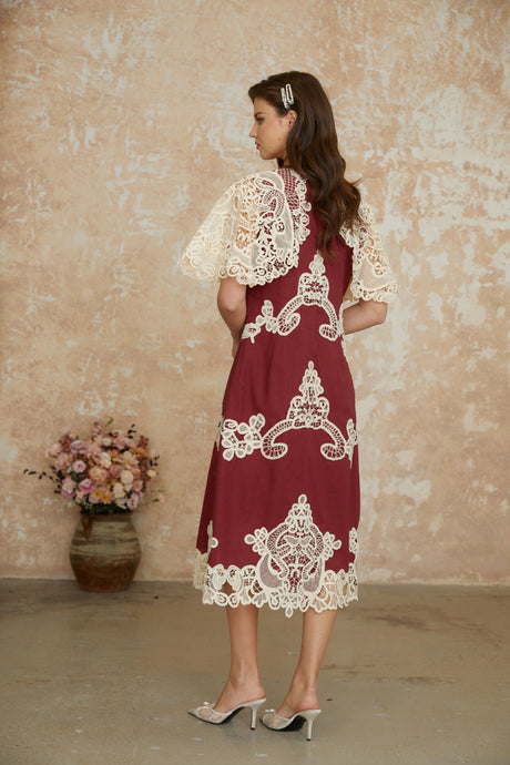 Julia Red Color Block Floral Embroidered Midi Dress