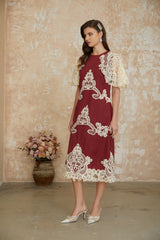 Julia Red Color Block Floral Embroidered Midi Dress