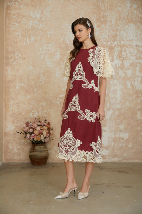 Julia Red Color Block Floral Embroidered Midi Dress