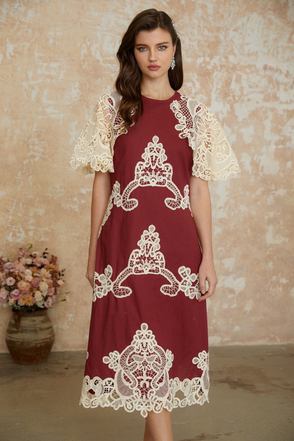Julia Red Color Block Floral Embroidered Midi Dress