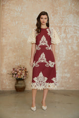 Julia Red Color Block Floral Embroidered Midi Dress