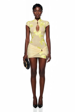 Julia Yellow SemiSheer Floral Mini Dress