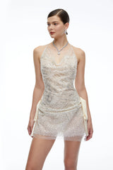 Juliana Neutral Sequin Halterneck Draped Mini Dress