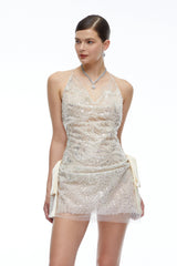 Juliana Neutral Sequin Halterneck Draped Mini Dress