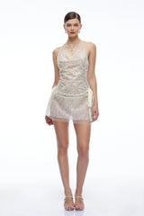 Juliana Neutral Sequin Halterneck Draped Mini Dress