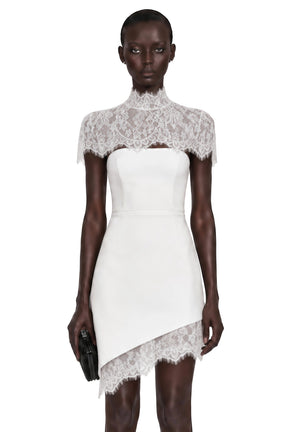 Juliana White Off Shoulder Mini Dress with Asymmetrical Lace Panels
