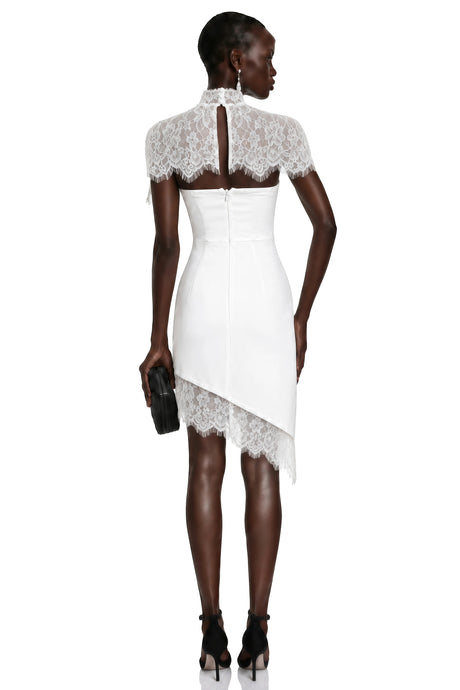 Juliana White Off Shoulder Mini Dress with Asymmetrical Lace Panels