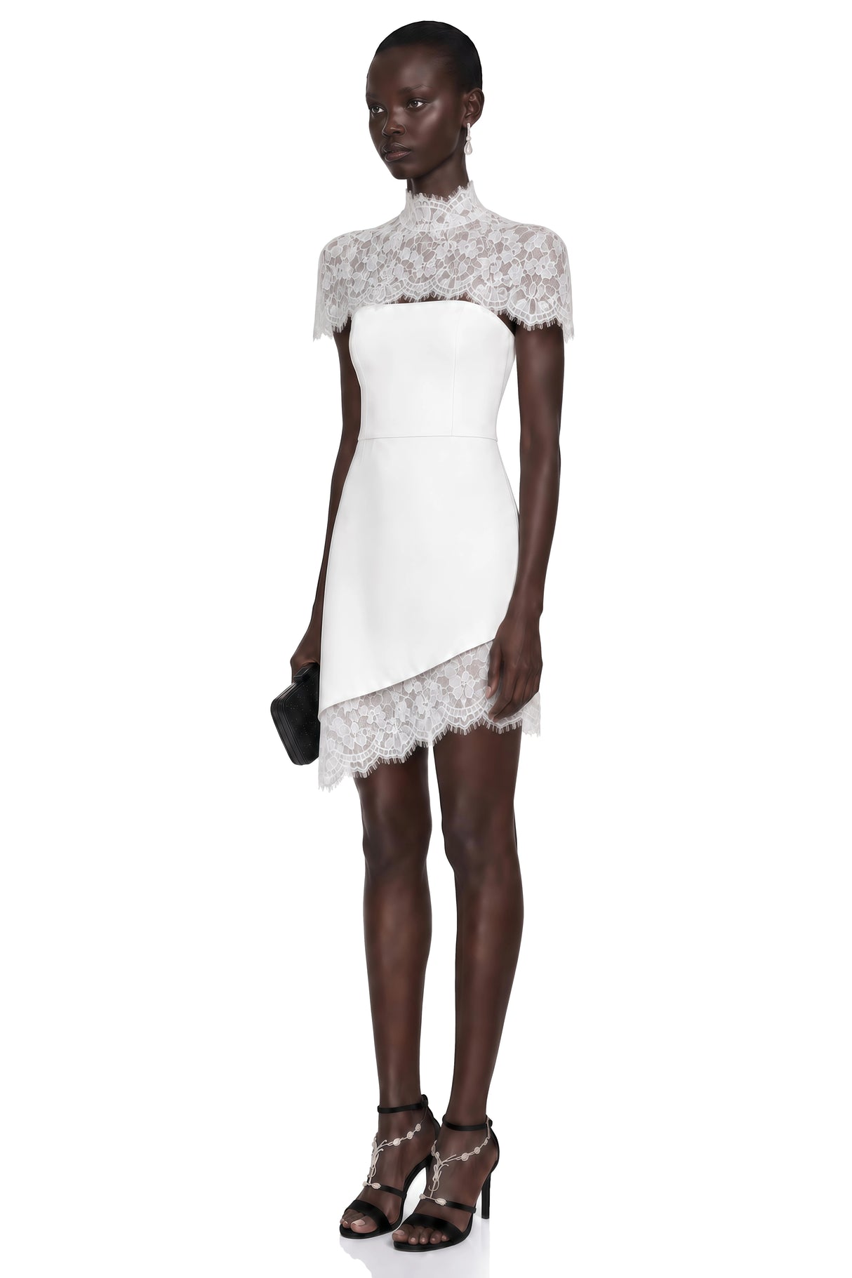 Juliana White Off Shoulder Mini Dress with Asymmetrical Lace Panels