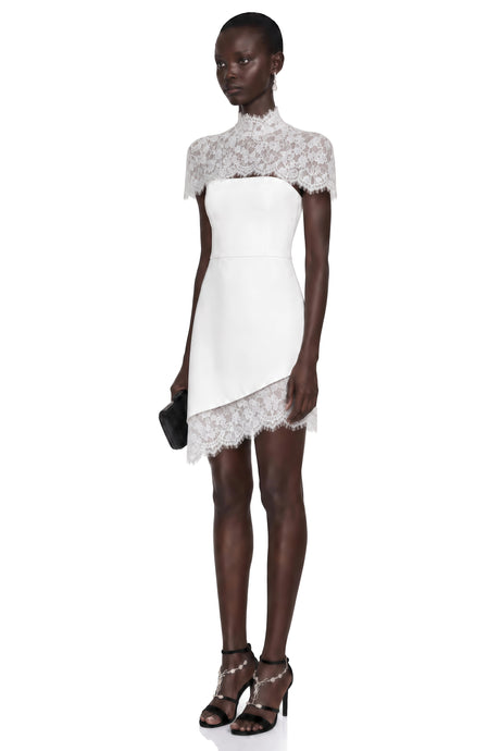Juliana White Off Shoulder Mini Dress with Asymmetrical Lace Panels