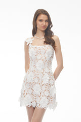 Juliana White Sleeveless Lace Mini Dress with 3D Florals