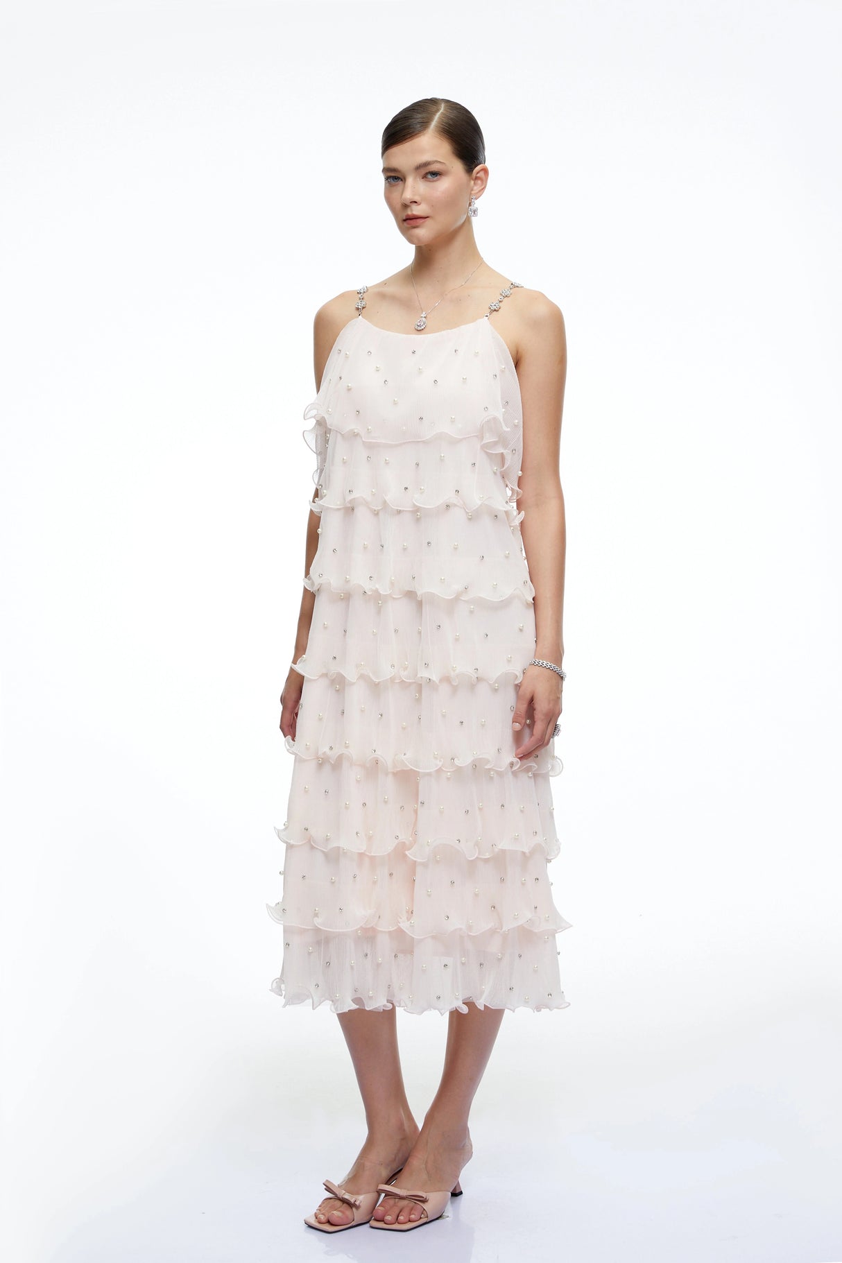 Juliette Pink Pearl Embellished Tiered Midi Dress