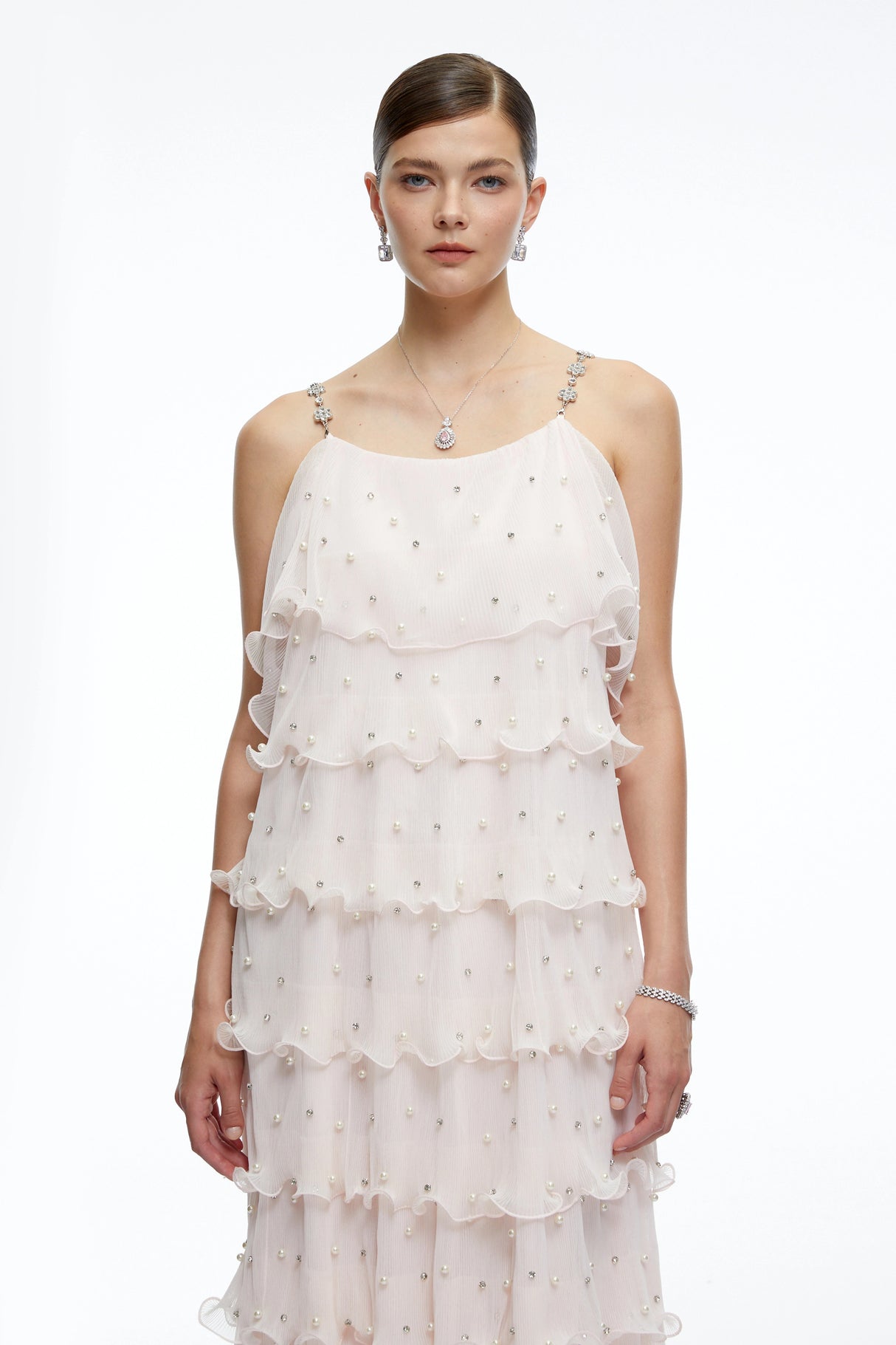 Juliette Pink Pearl Embellished Tiered Midi Dress