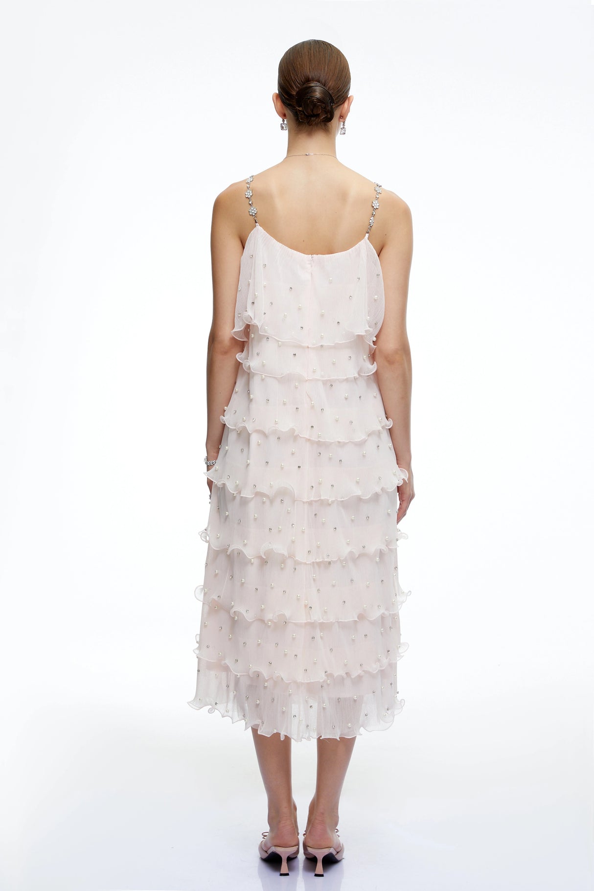 Juliette Pink Pearl Embellished Tiered Midi Dress