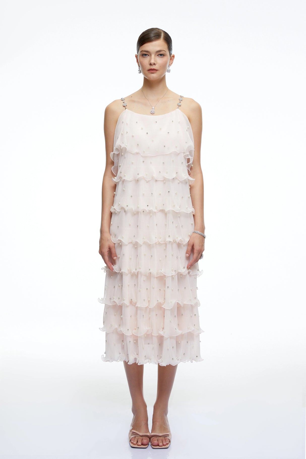 Juliette Pink Pearl Embellished Tiered Midi Dress