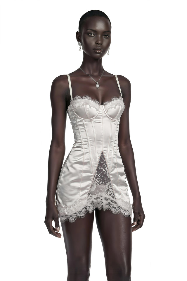 Juliette White Satin Mini Dress with Lace Panels